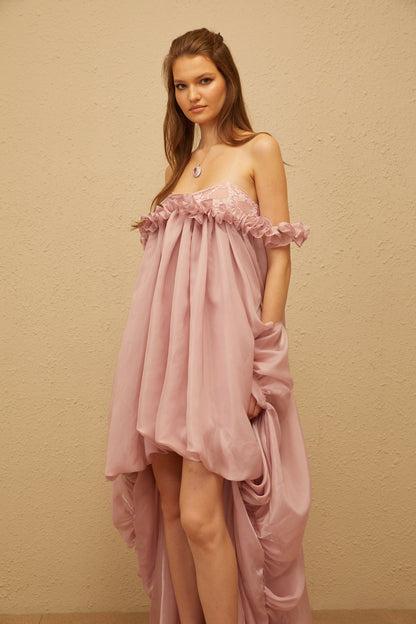 Brooklyn Parlak Balon Etek Mini Elbise Pembe