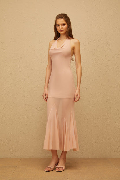 Marianne Halter Yaka Tül Balık Midi Elbise Pembe