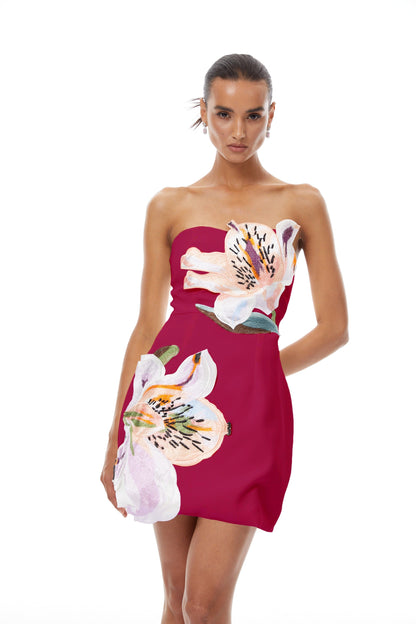 Automne Çiçek İşlemeli Mini Elbise Pembe