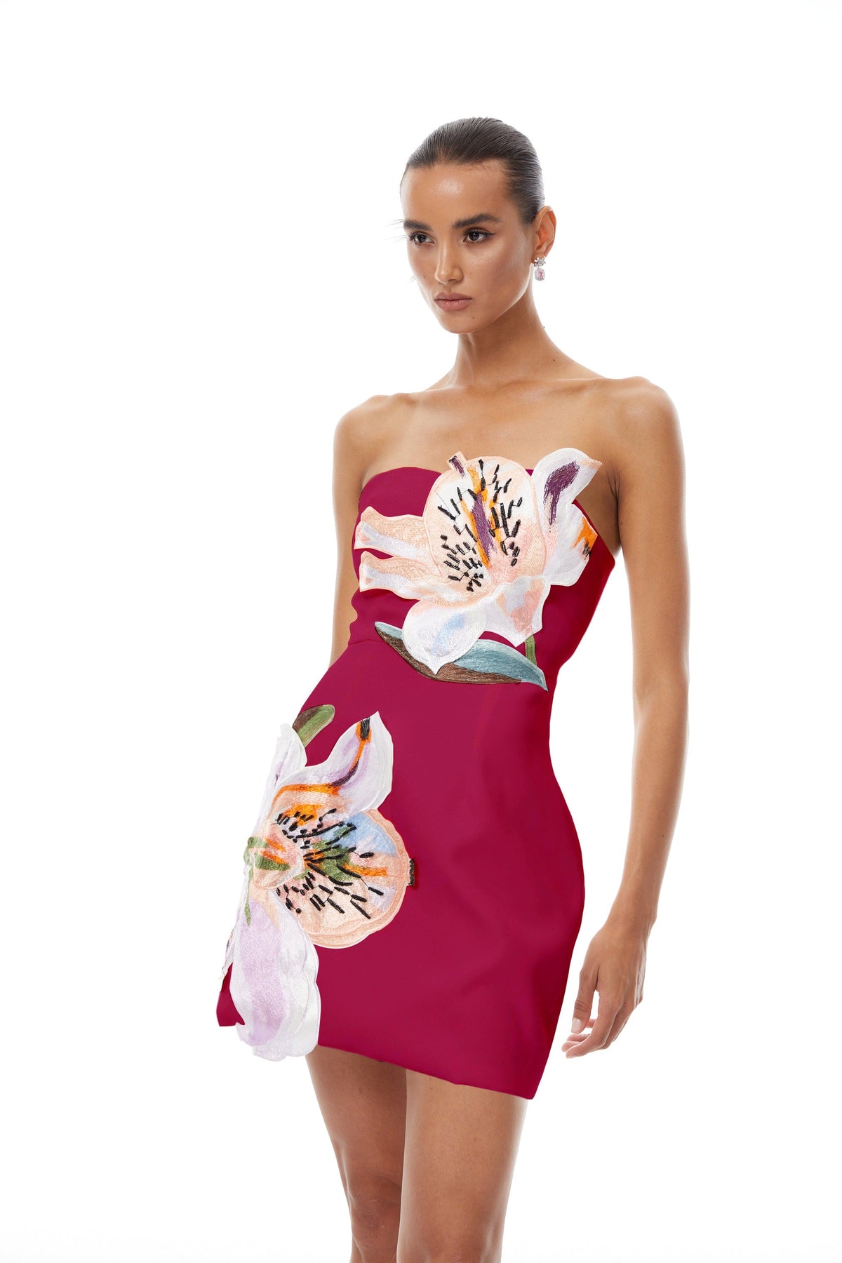 Automne Çiçek Nakışlı Mini Elbise Pembe