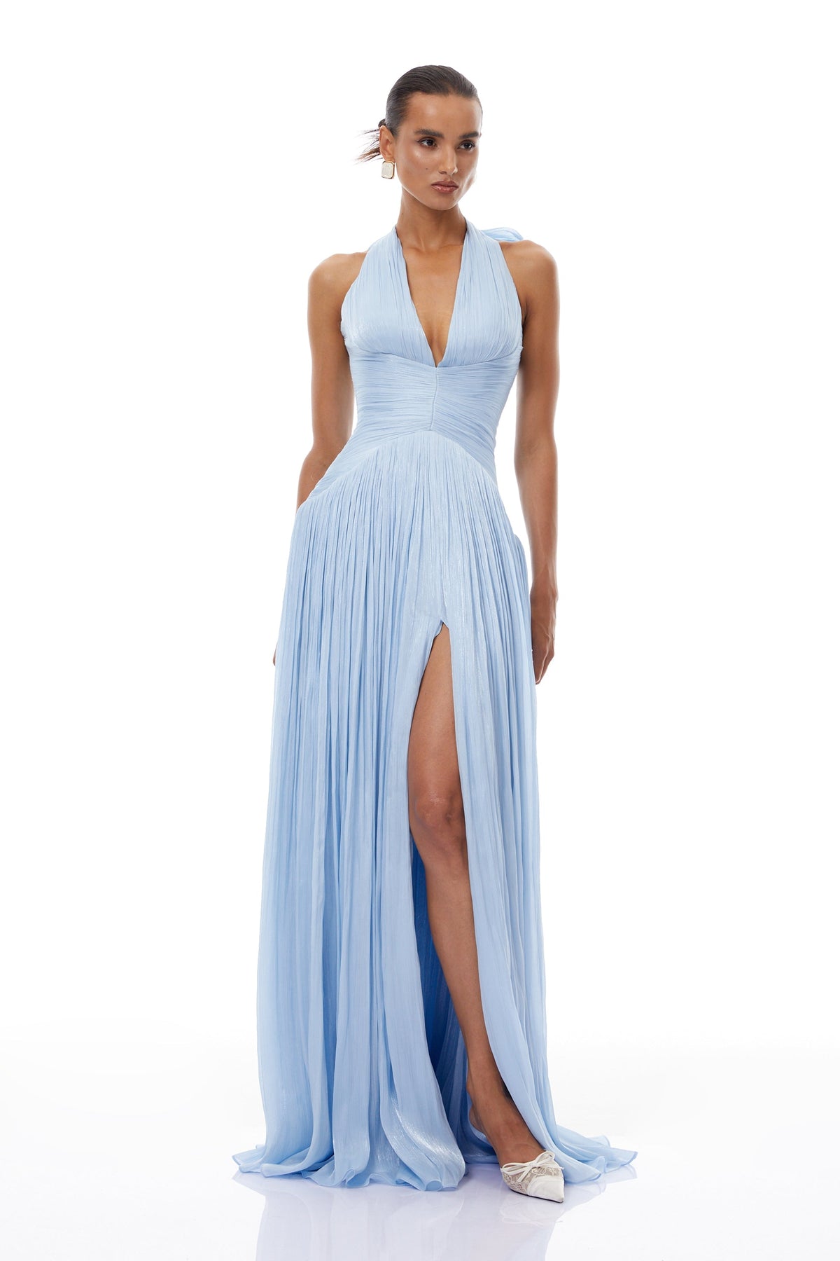 Térébenthine Derin V Yaka Büzgülü Parlak Maksi Elbise Mavi