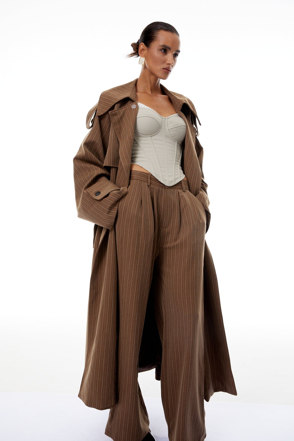 Clémence Çizgili Trençkot Ve Pantolon Takımı Kahverengi