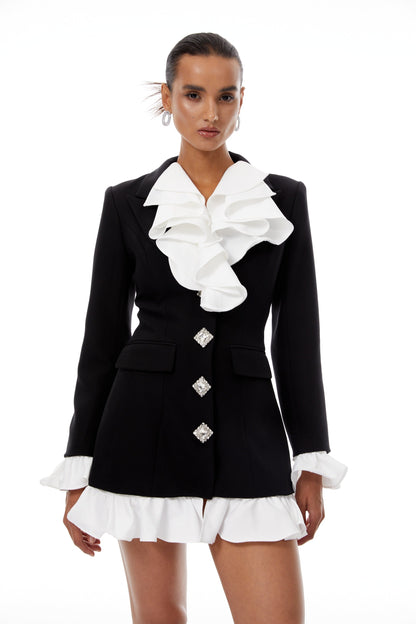 Émilie Renk Bloklu Fırfırlı Blazer Mini Elbise Siyah