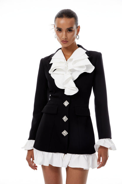 Émilie Renk Bloklu Fırfırlı Blazer Mini Elbise Siyah