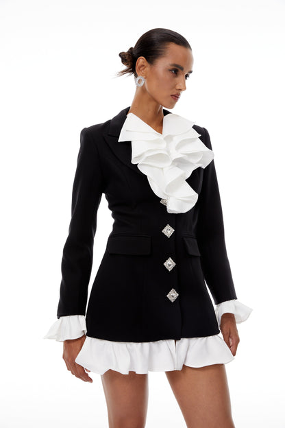 Émilie Renk Bloklu Fırfırlı Blazer Mini Elbise Siyah