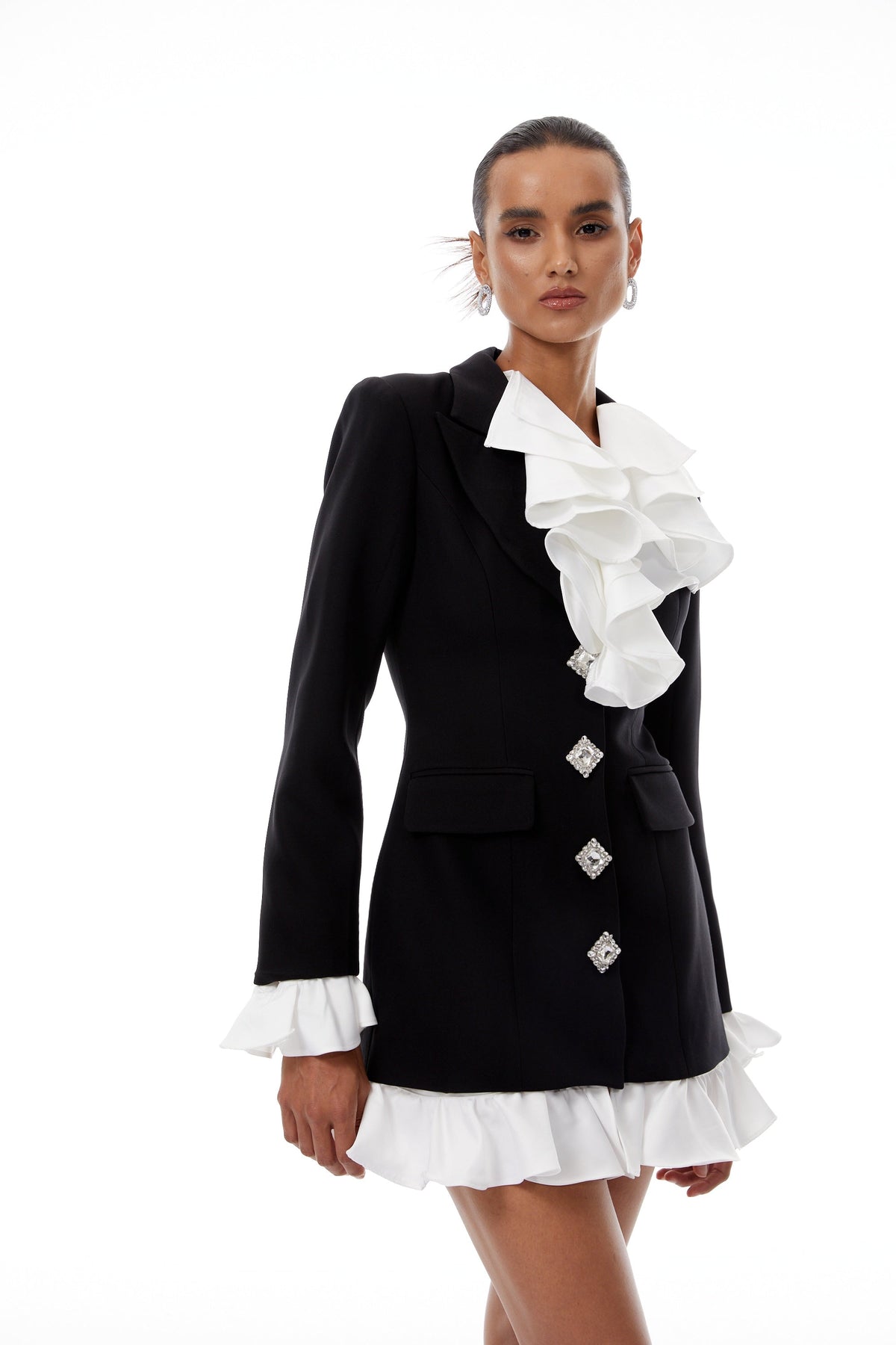 Émilie Renk Bloklu Fırfırlı Blazer Mini Elbise Siyah