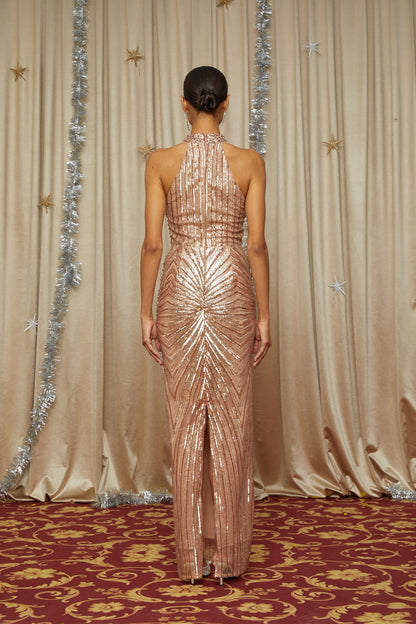 Maxanne Boyundan Bağlamalı Taş İşlemeli Maksi Elbise Rose Gold