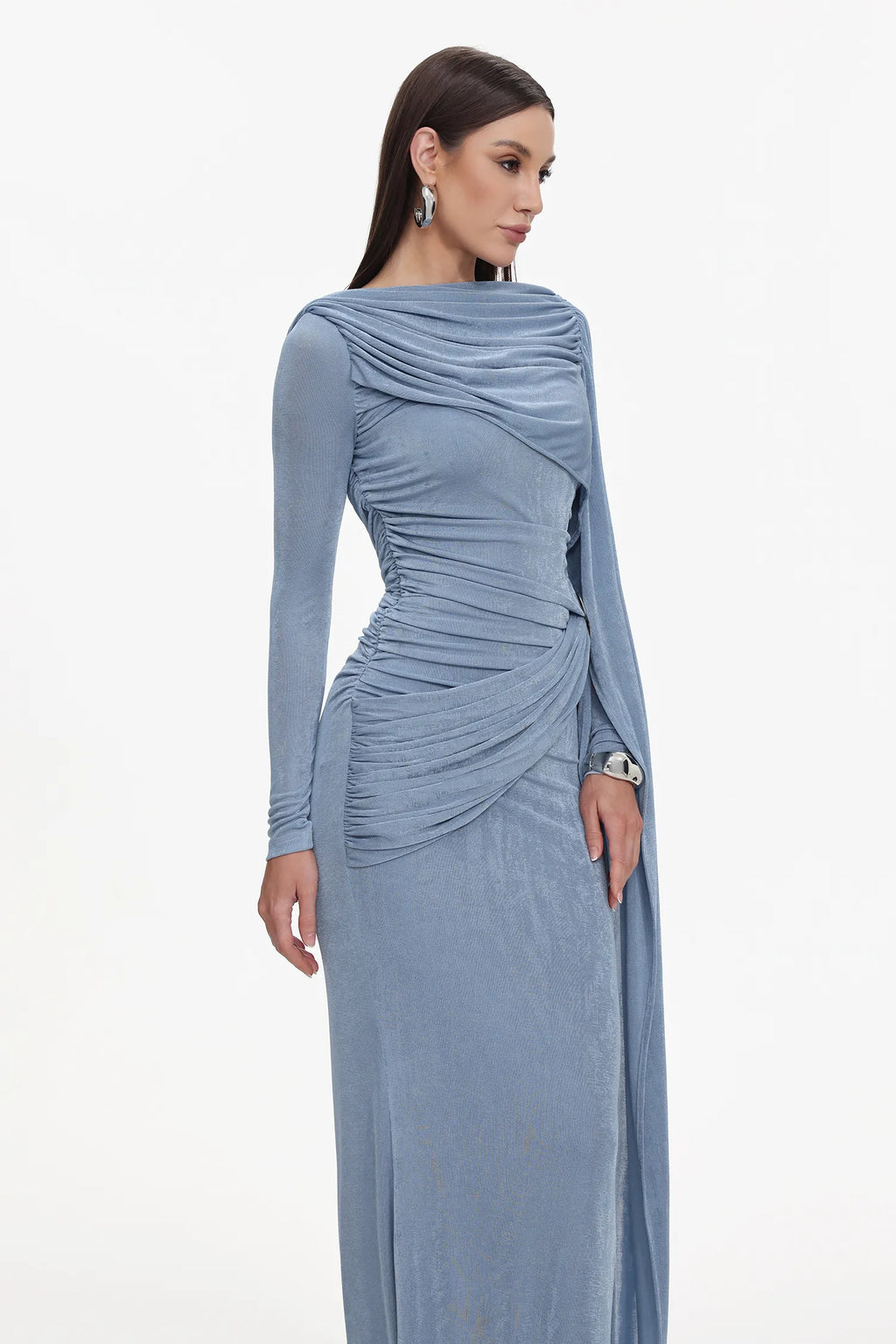 Tihila Uzun Kollu Büzgülü Mavi Maksi Elbise