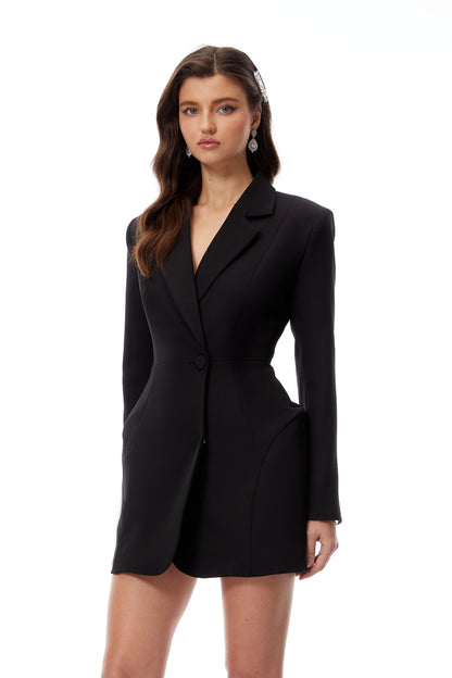 Pálína Çentik Yaka Yapısal Mini Blazer Elbise Siyah