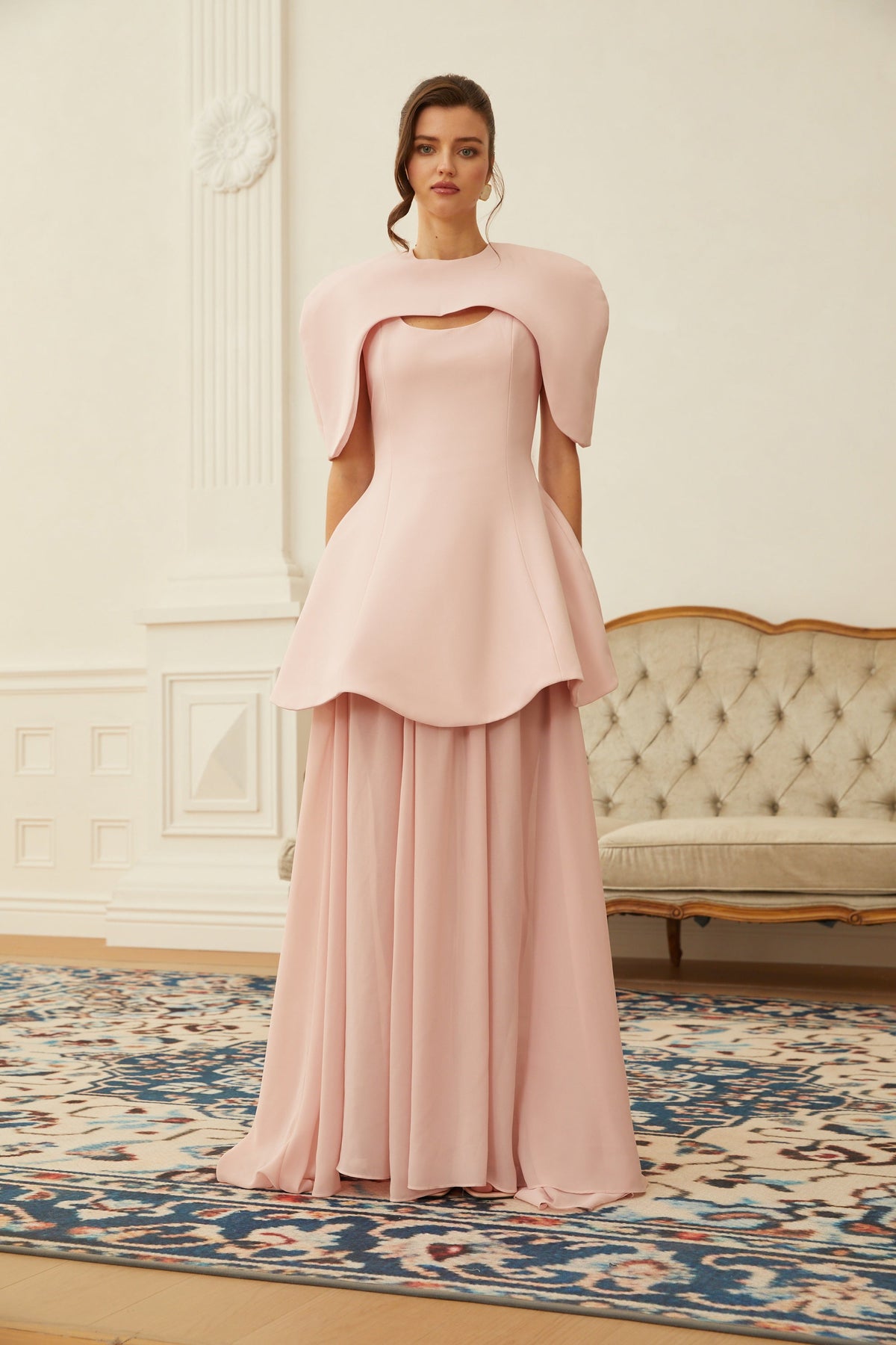 Auriane Pelerinli Heykelsi Maksi Elbise Takım Pembe