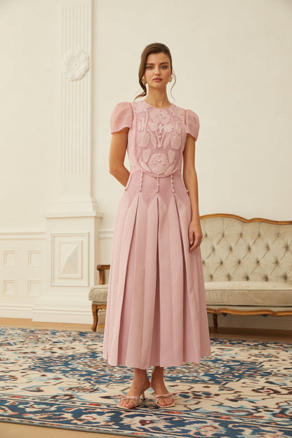 Maelle Çiçek Nakışlı Maksi Elbise Pembe