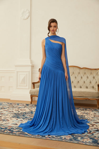 Faustine Pelerin Detaylı Drape Maxi Elbise Mavi
