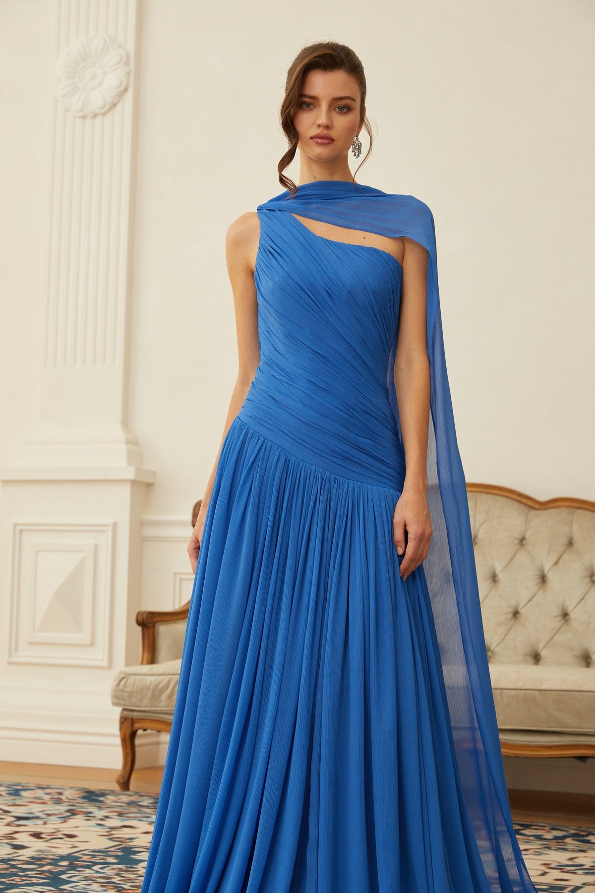 Faustine Pelerin Detaylı Drape Maxi Elbise Mavi