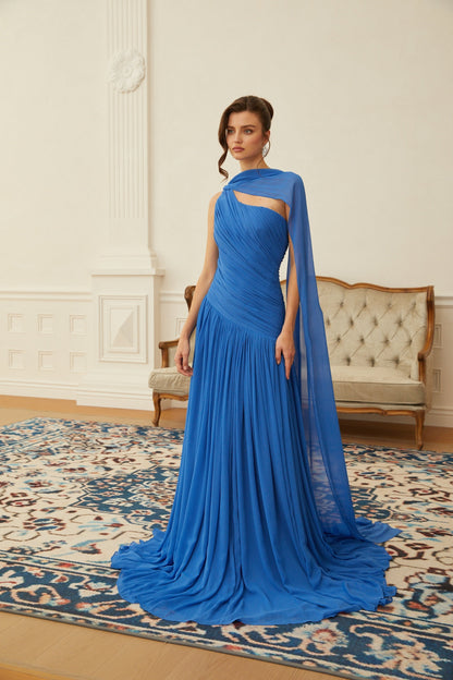 Faustine Pelerin Detaylı Drape Maxi Elbise Mavi