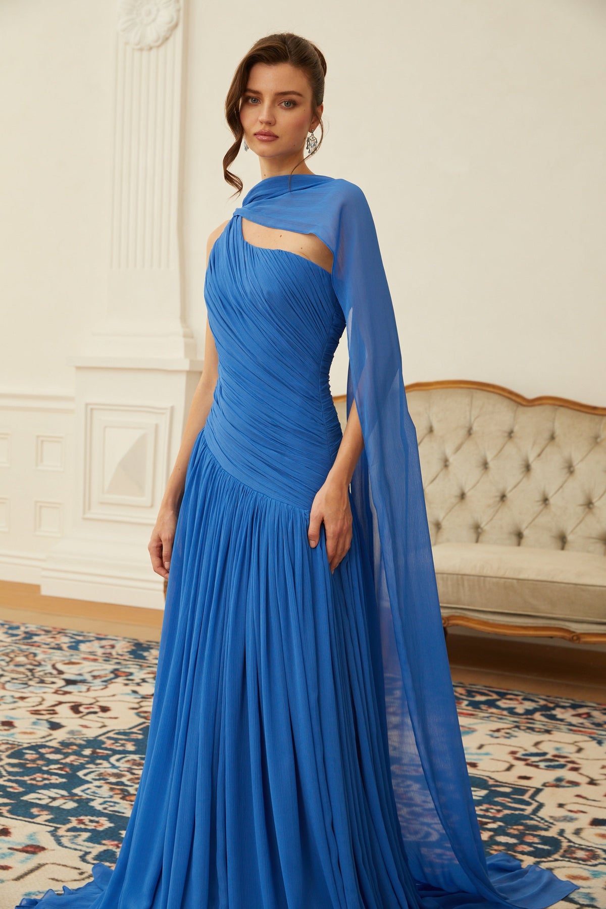 Faustine Pelerin Detaylı Drape Maxi Elbise Mavi