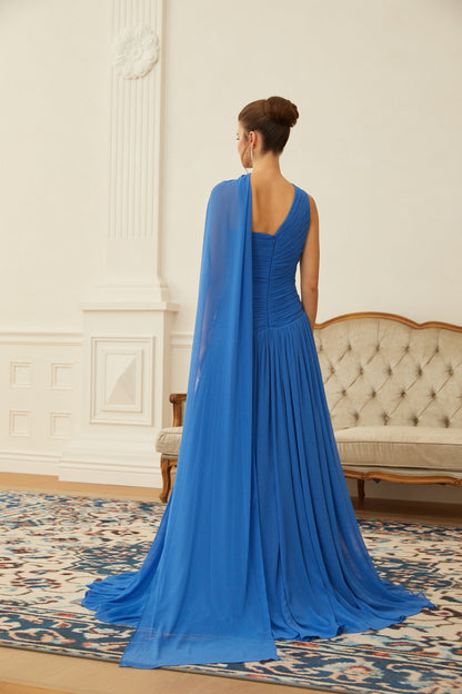 Faustine Pelerin Detaylı Drape Maxi Elbise Mavi