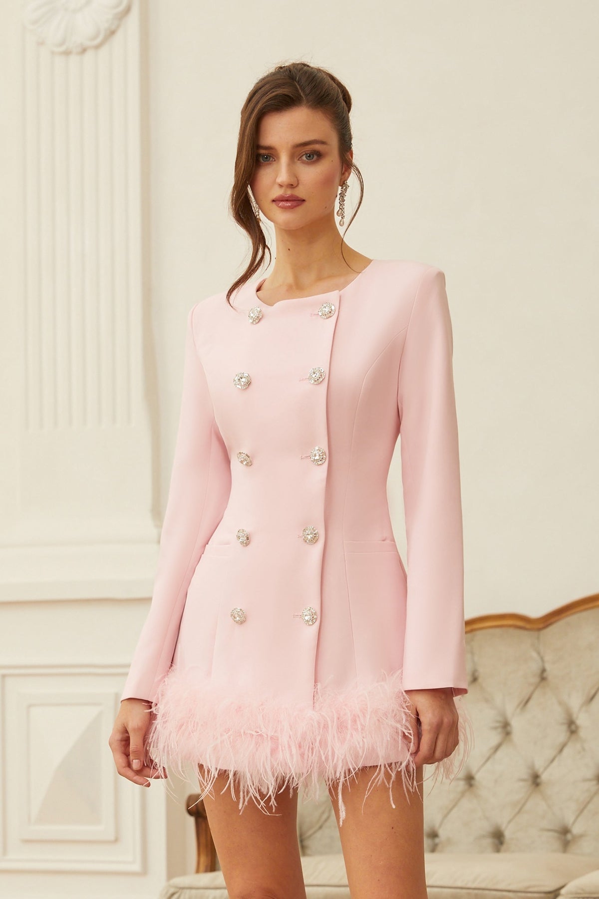 Freja Tüy Detaylı Blazer Mini Elbise Pembe