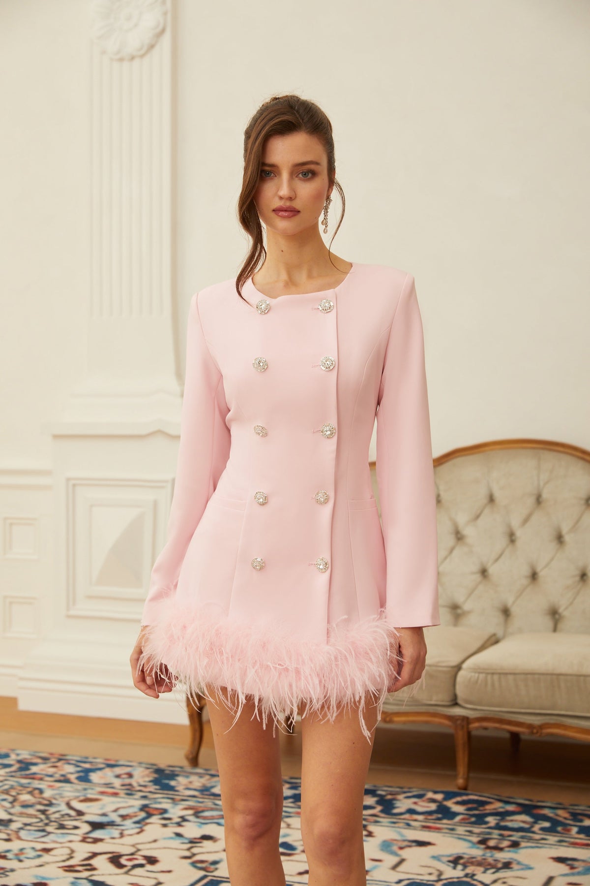 Freja Tüy Detaylı Blazer Mini Elbise Pembe