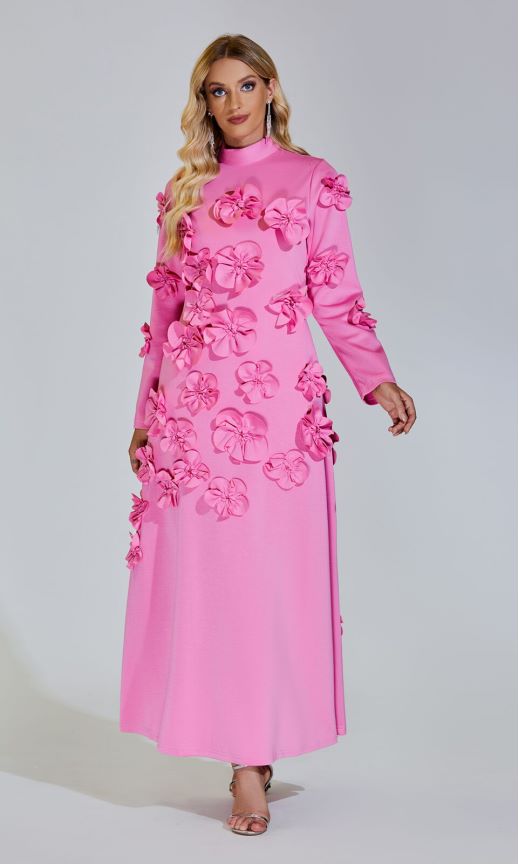 Elva Pembe Uzun Kol Çiçekli Maxi Elbise