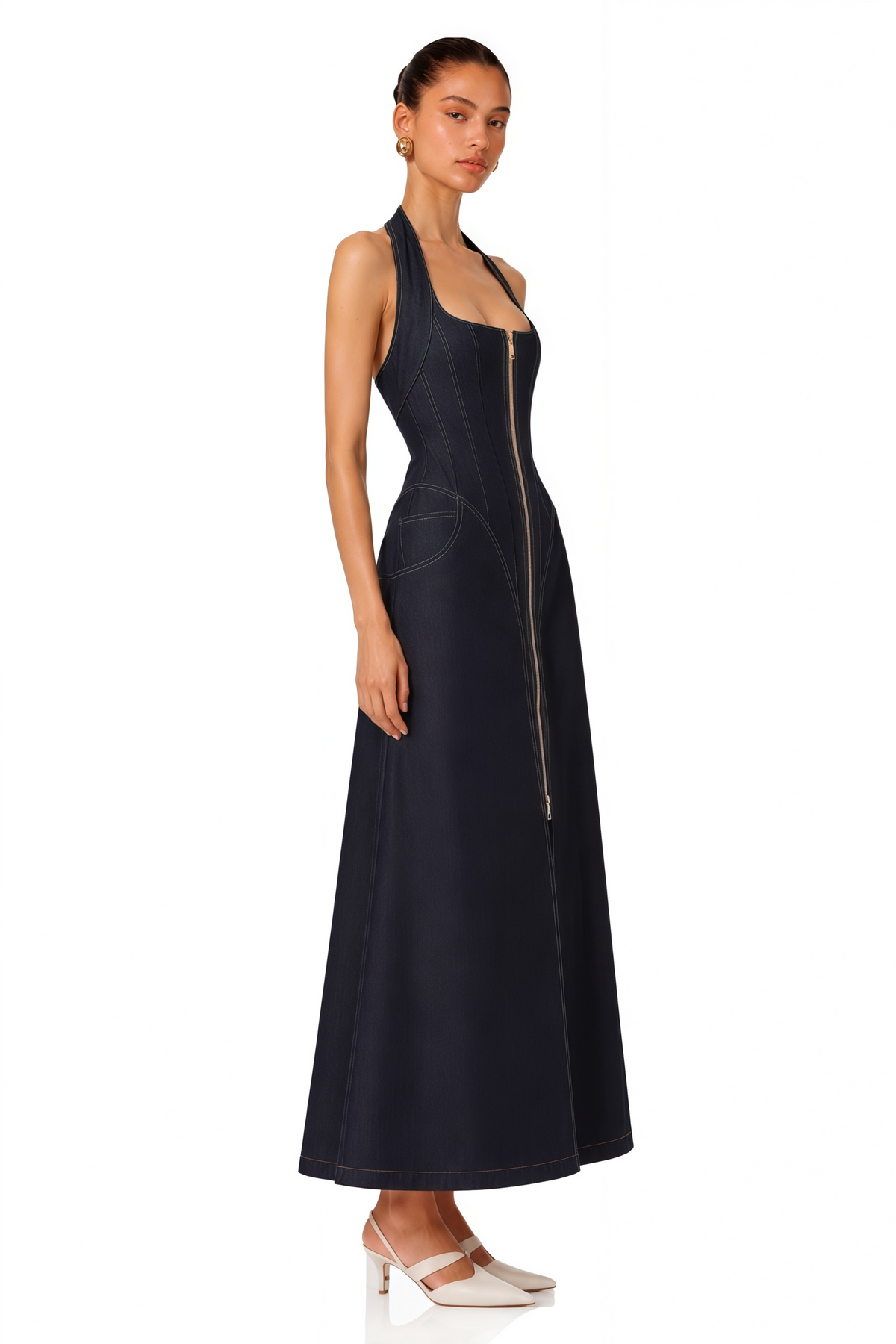 Adrienne Ön Yırtmaçlı Kontrast Dikişli Kot Maksi Elbise Koyu Mavi
