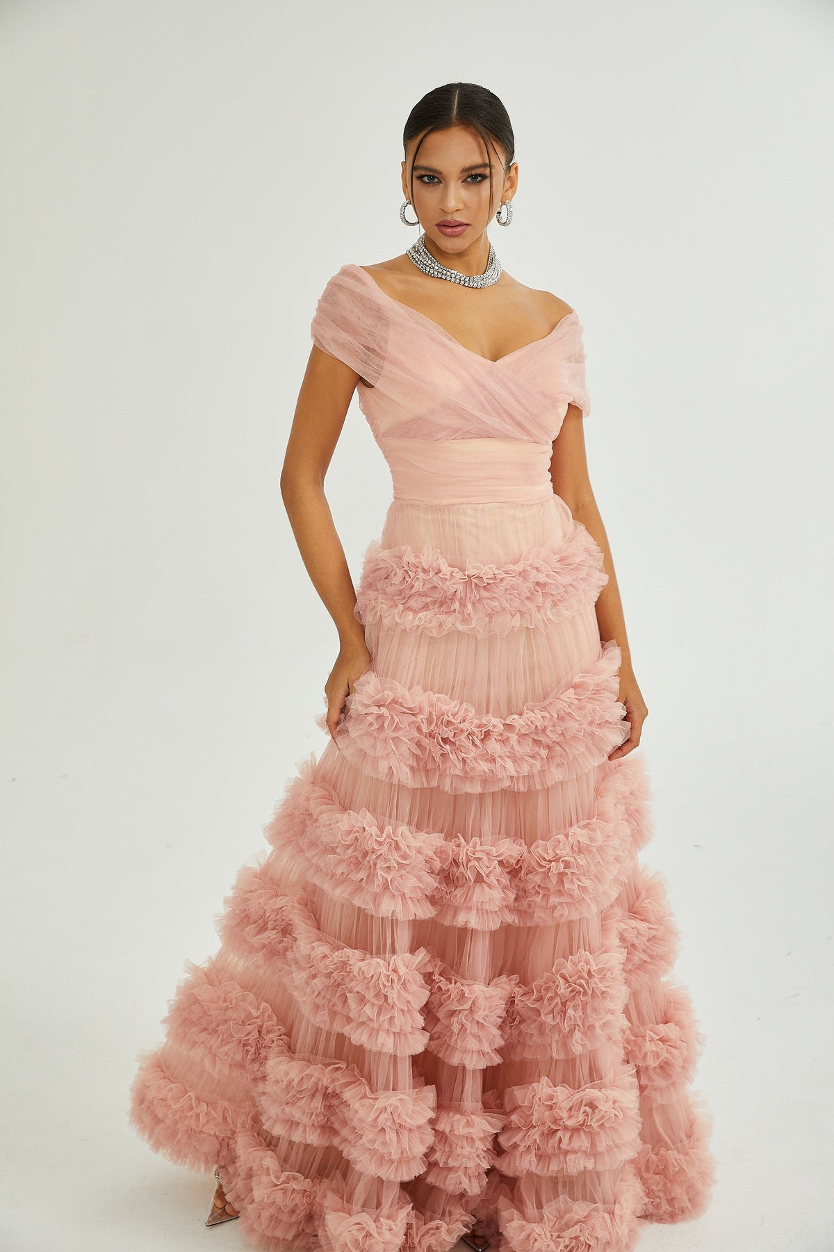 Solène Düşük Omuz Kat Kat Maksi Elbise Pembe