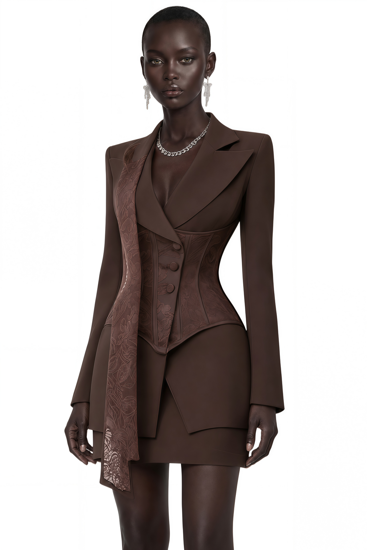 Sienna Dantel Detaylı Blazer Ceket ve Etek Takım Kahverengi