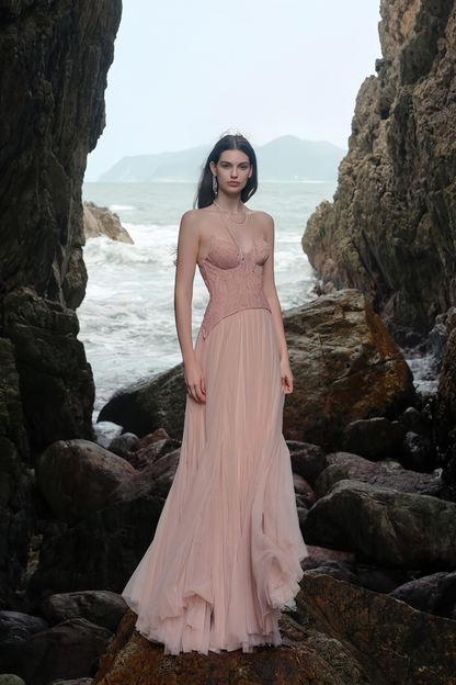 Ulrique Dantel ve Tül Korse Maksi Elbise Pembe
