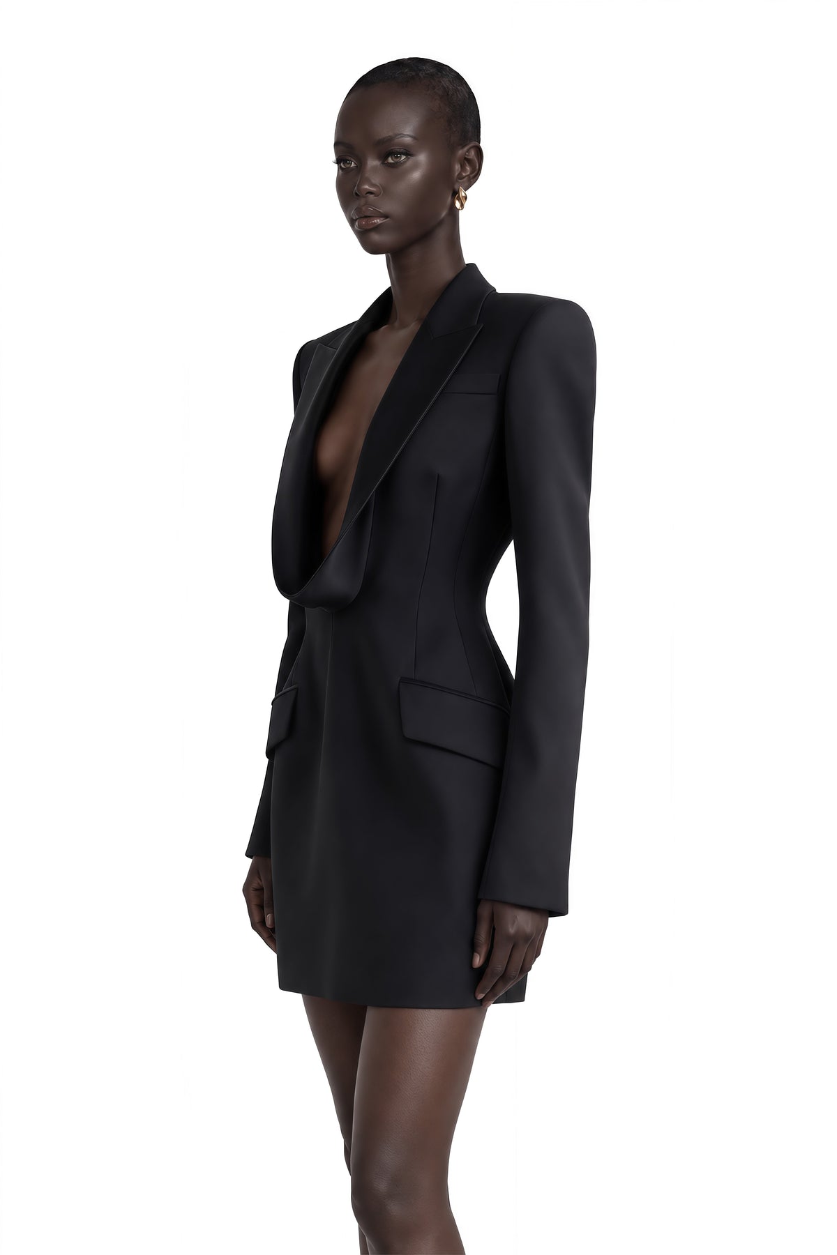 Joséphine Saten Yaka V Yaka Mini Blazer Elbise Siyah