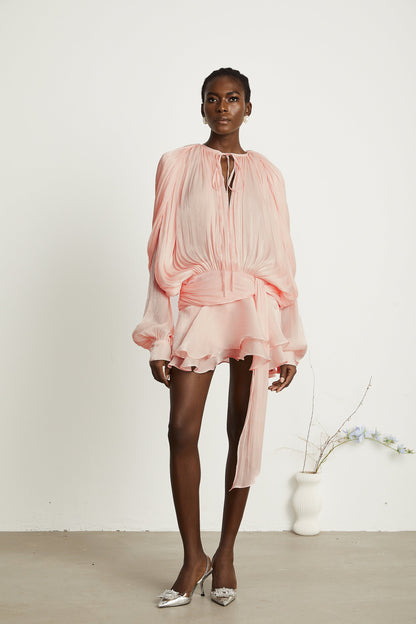 Eugénie Pilili Fırfırlı Mini Elbise Pembe