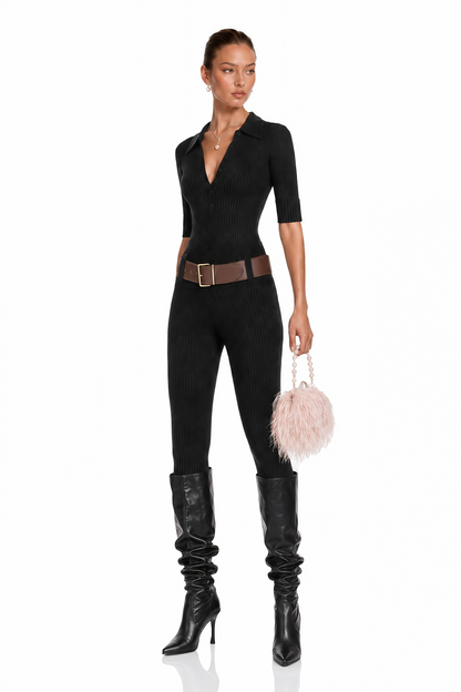 Claire Fitilli Triko Body ve Pantolon Takım Siyah