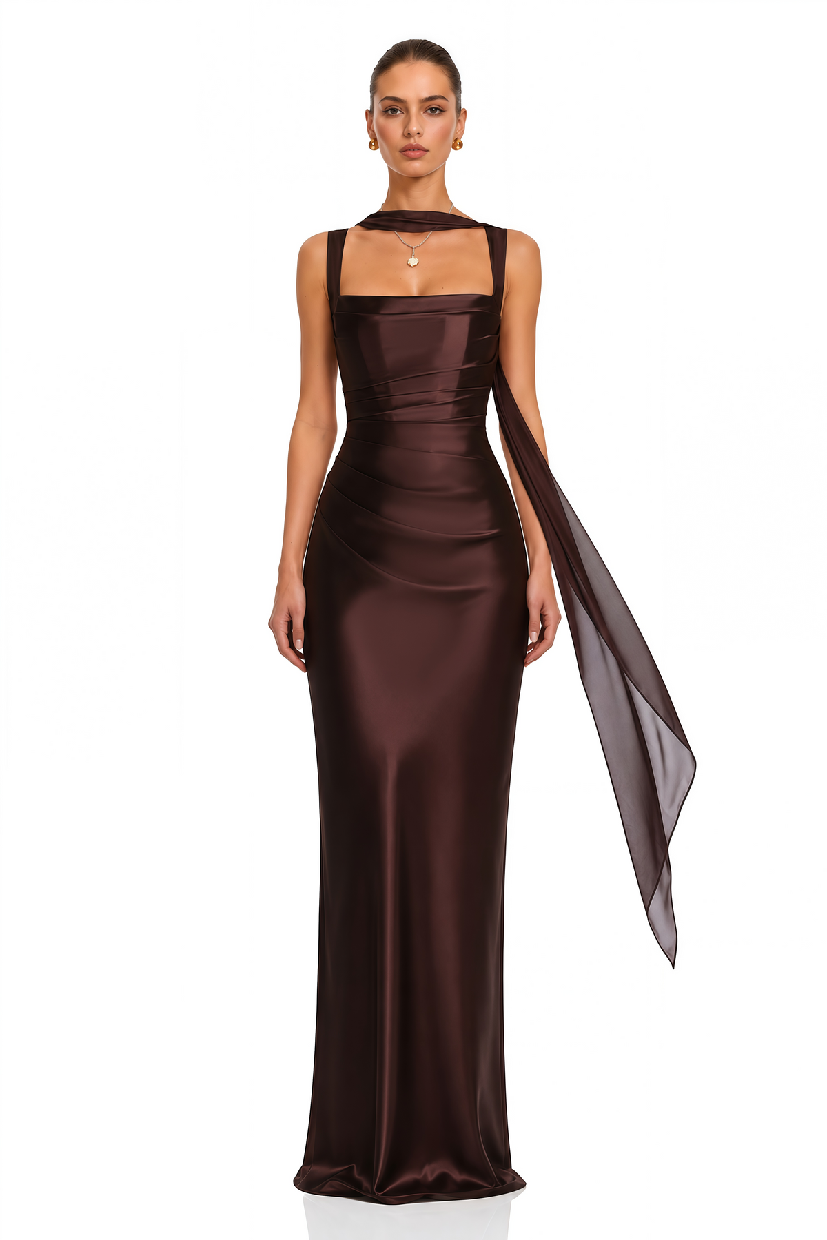 Inmaculada Drape Detaylı Saten Maxi Elbise Kahverengi