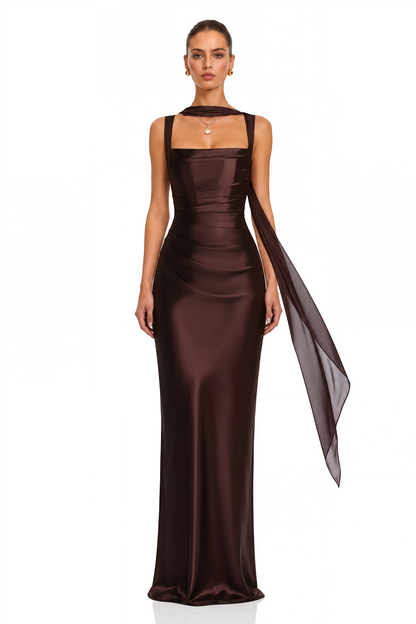Inmaculada Drape Detaylı Saten Maxi Elbise Kahverengi