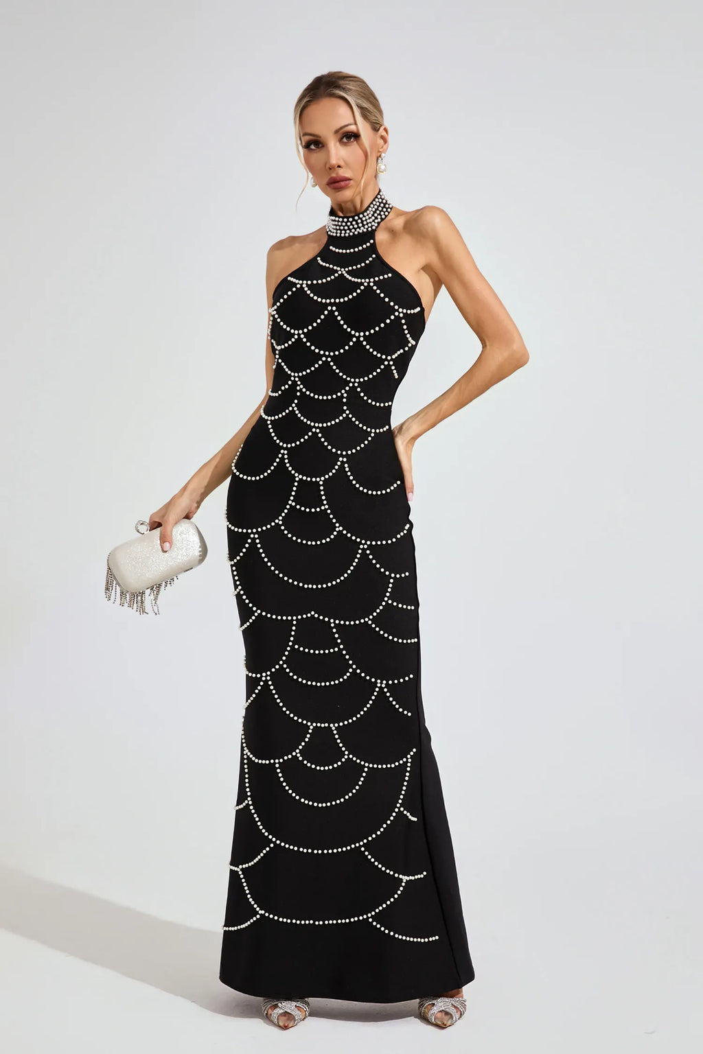 Imogen Siyah İnci Halter Bandaj Maxi Elbise
