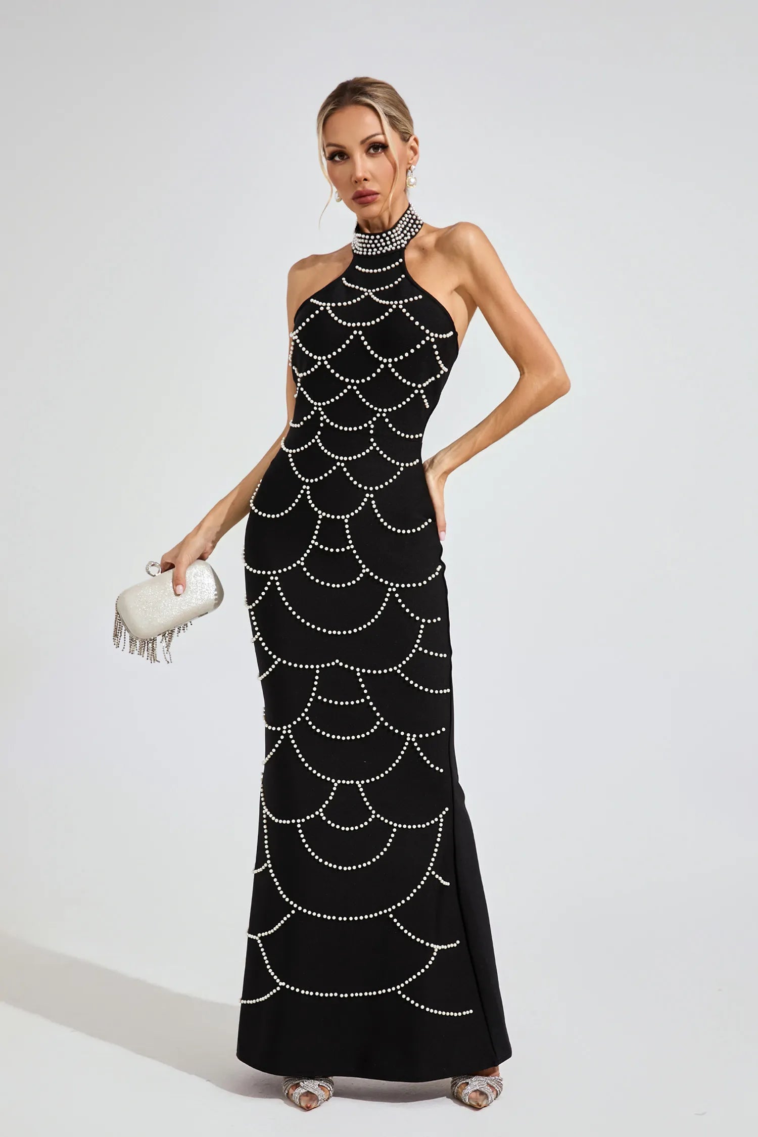 Imogen Siyah İnci Halter Bandaj Maxi Elbise