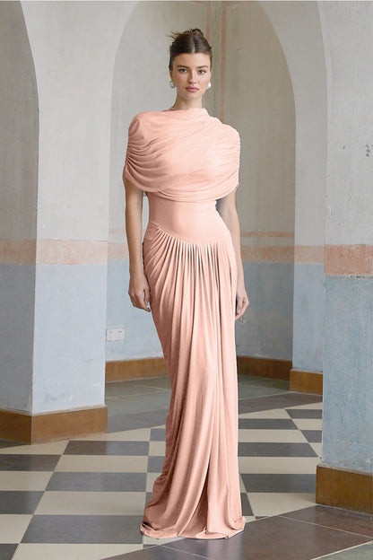Catherine Asimetrik Pileli Maksi Elbise Pembe