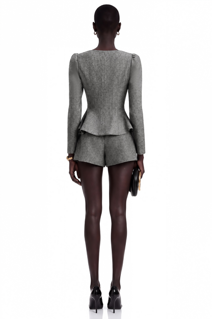 Agathe Balıksırtı Desenli Üst Ve Şort İkili Takım Gri