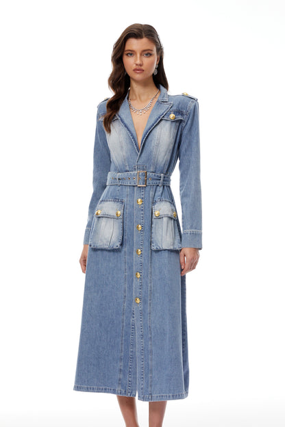 Tyra Yıkama Efektli Denim Maksi Elbise Mavi