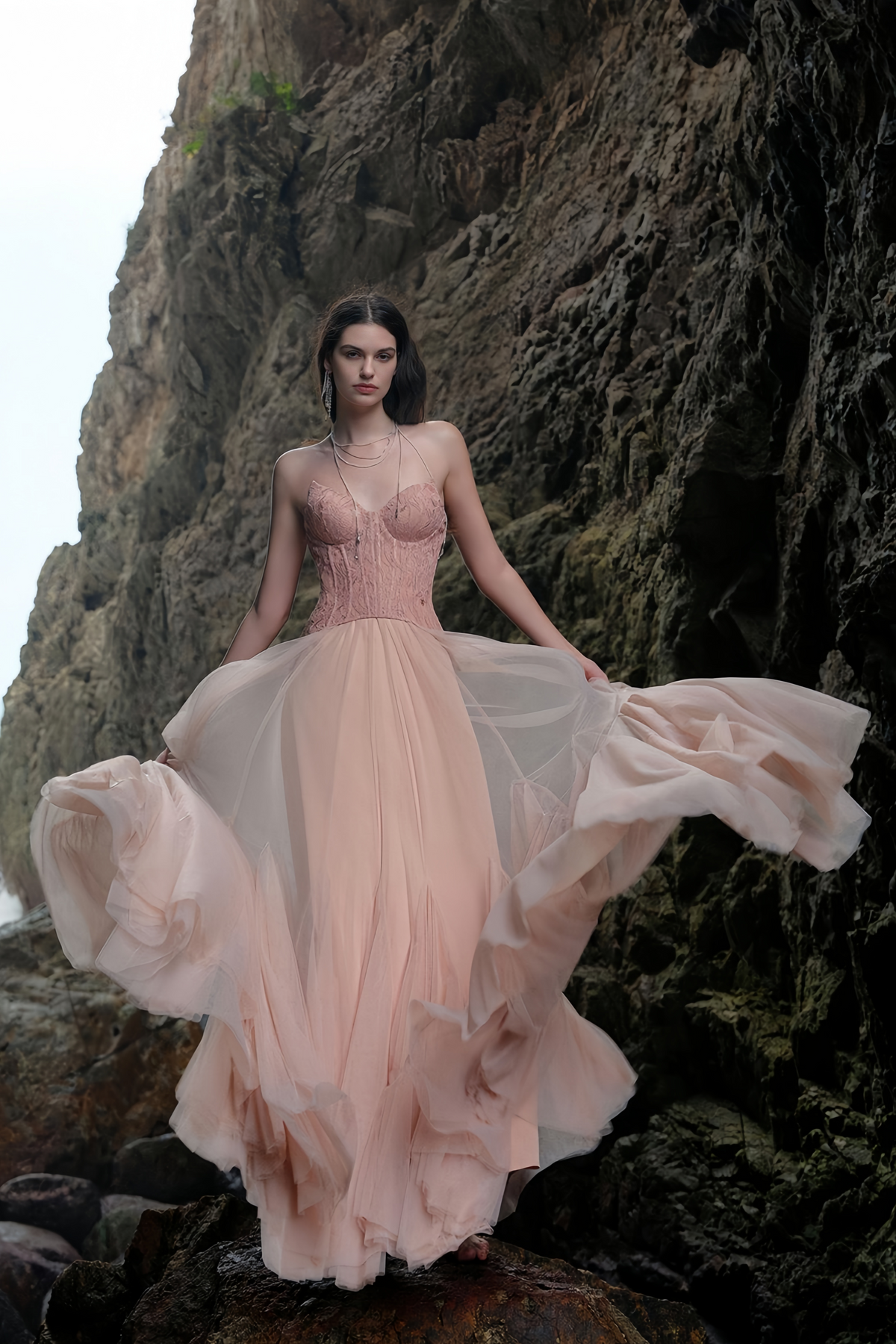 Ulrique Dantel ve Tül Korse Maksi Elbise Pembe
