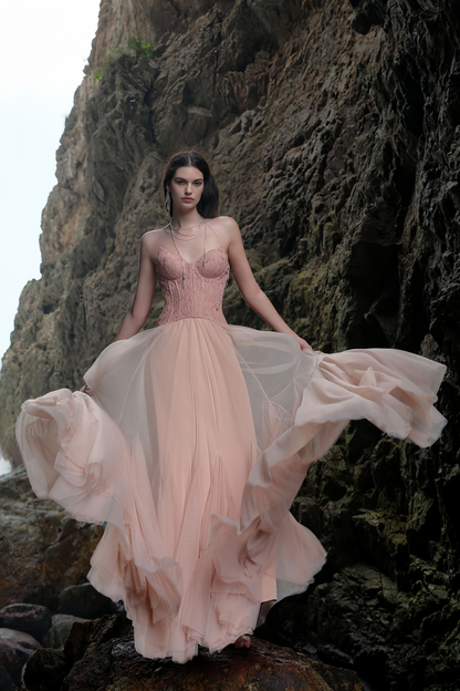 Ulrique Dantel ve Tül Korse Maksi Elbise Pembe