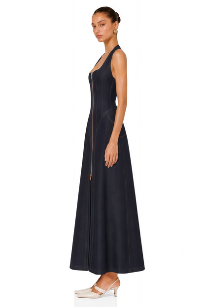 Adrienne Ön Yırtmaçlı Kontrast Dikişli Kot Maksi Elbise Koyu Mavi