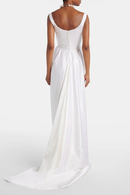 Fiona Kare Yaka Drape Detaylı Saten Maxi Elbise Beyaz