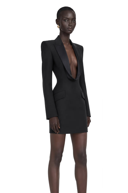 Joséphine Saten Yaka V Yaka Mini Blazer Elbise Siyah