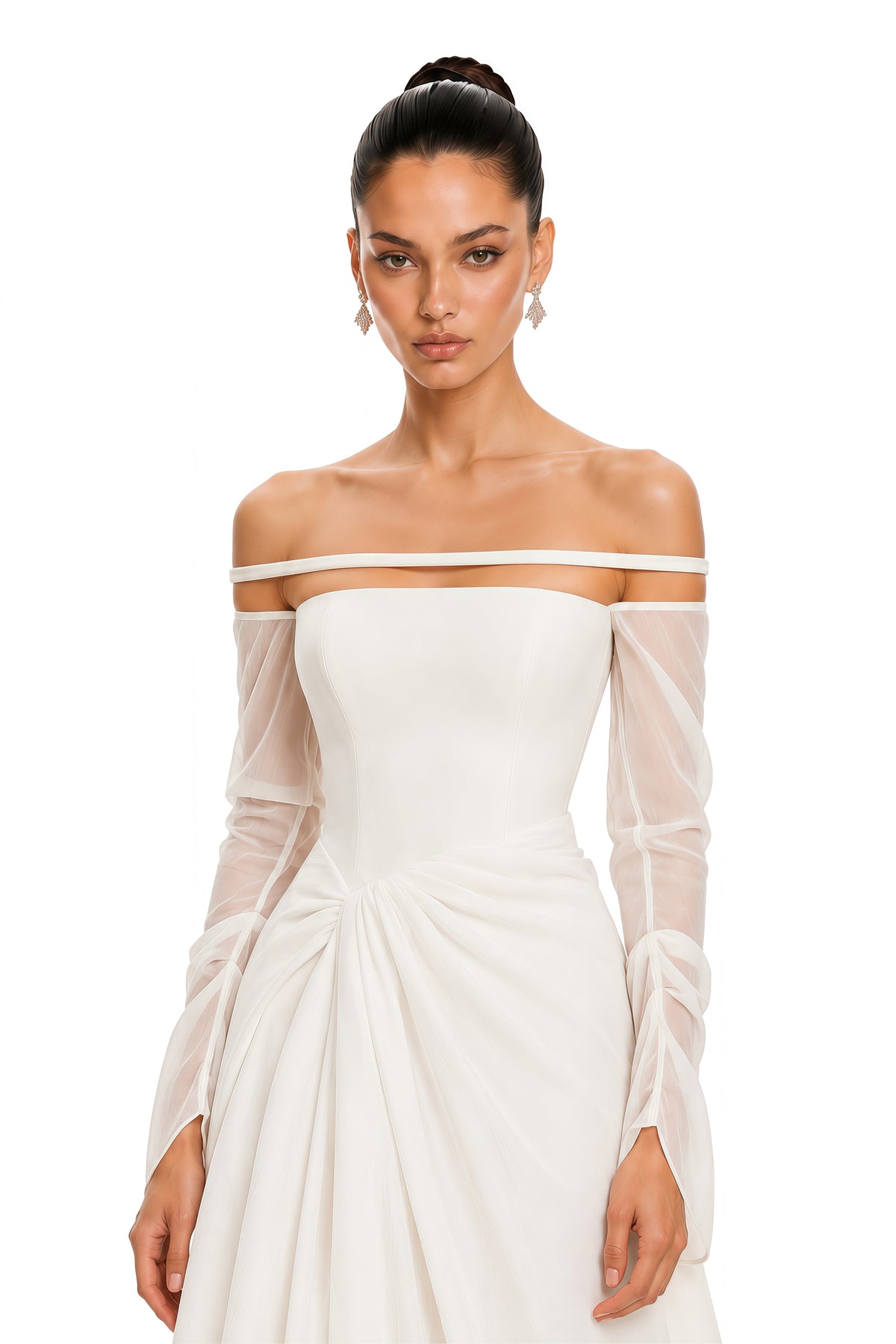 Gelsomina Büzgü Detaylı Krep Midi Elbise Beyaz
