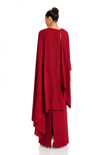 Zinhle Pelerin ve Drape Detaylı Maksi Elbise Kırmızı