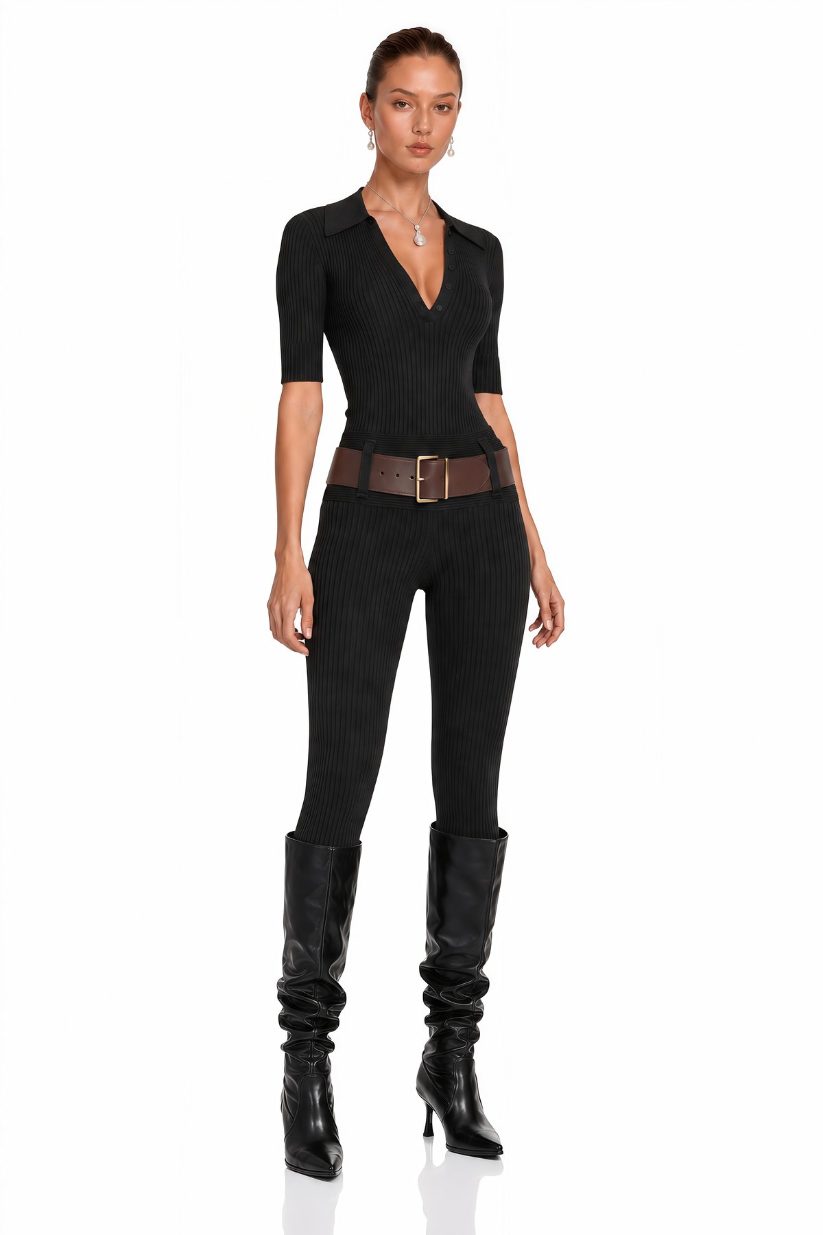 Claire Fitilli Triko Body ve Pantolon Takım Siyah