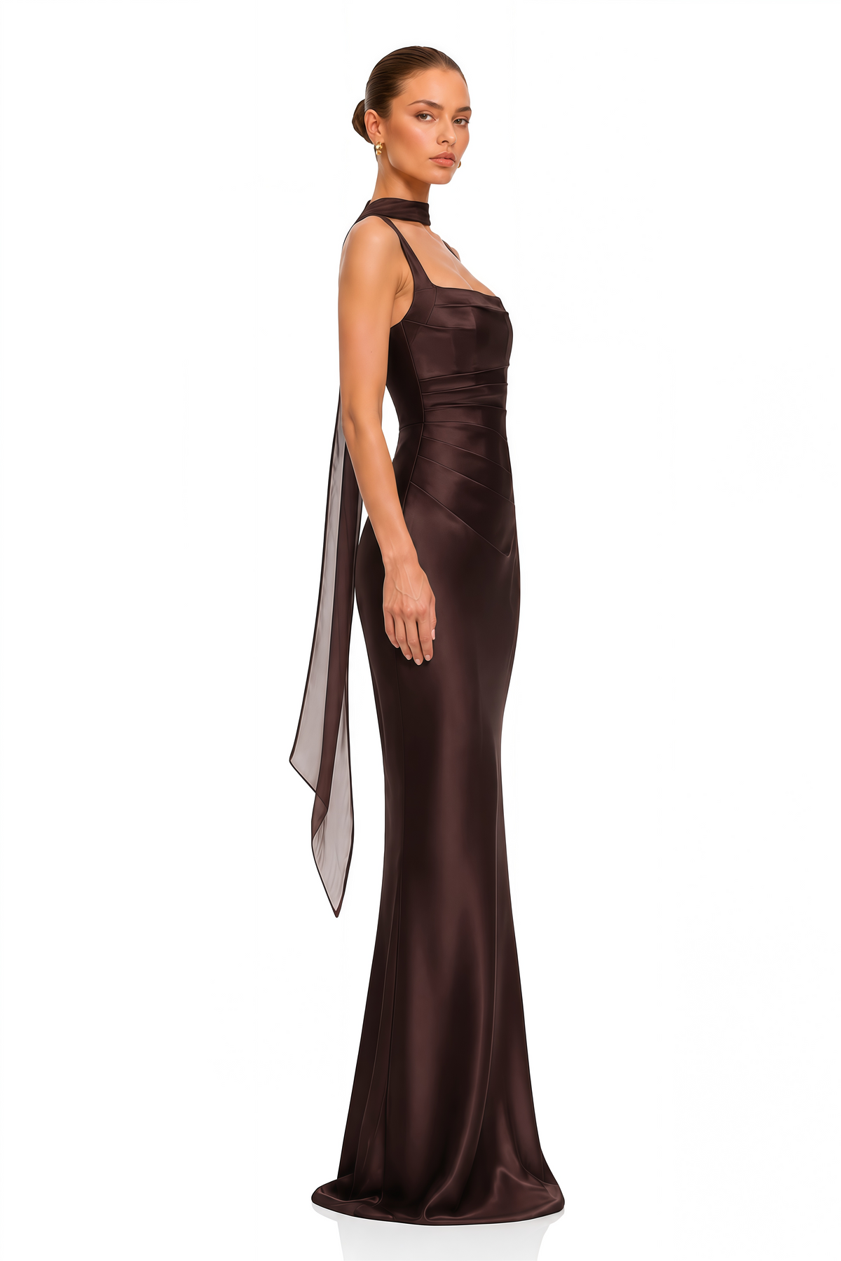 Inmaculada Drape Detaylı Saten Maxi Elbise Kahverengi