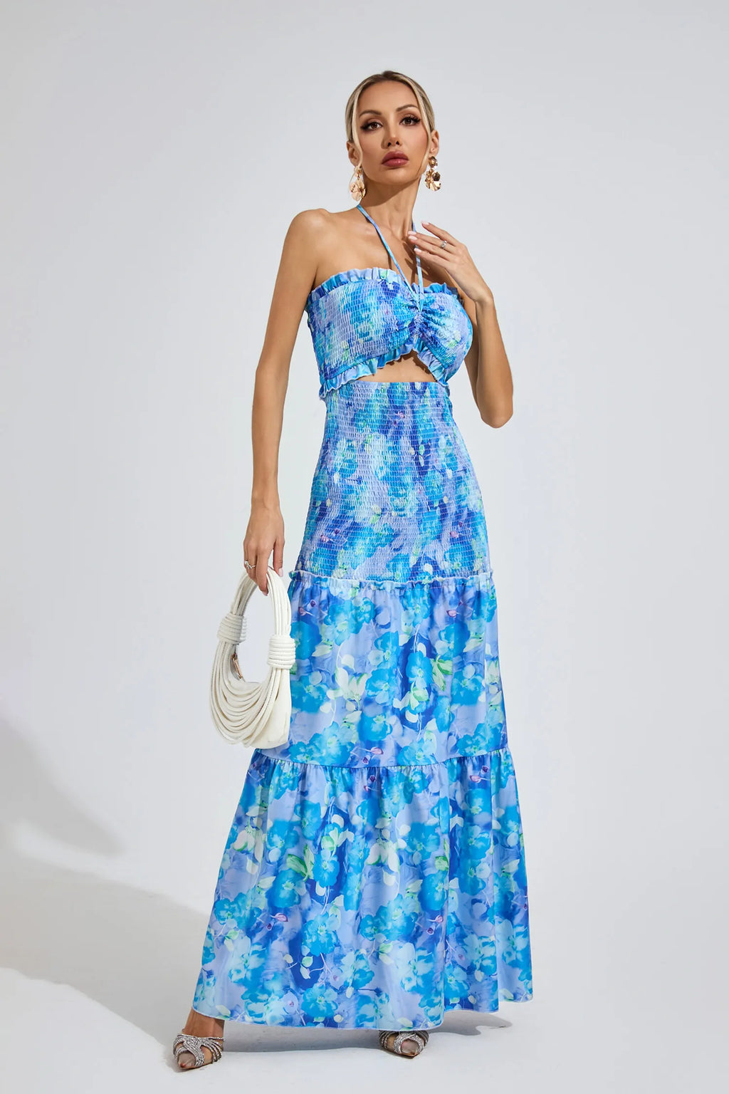 Ellison Mavi Volanlı Halter Maxi Elbise