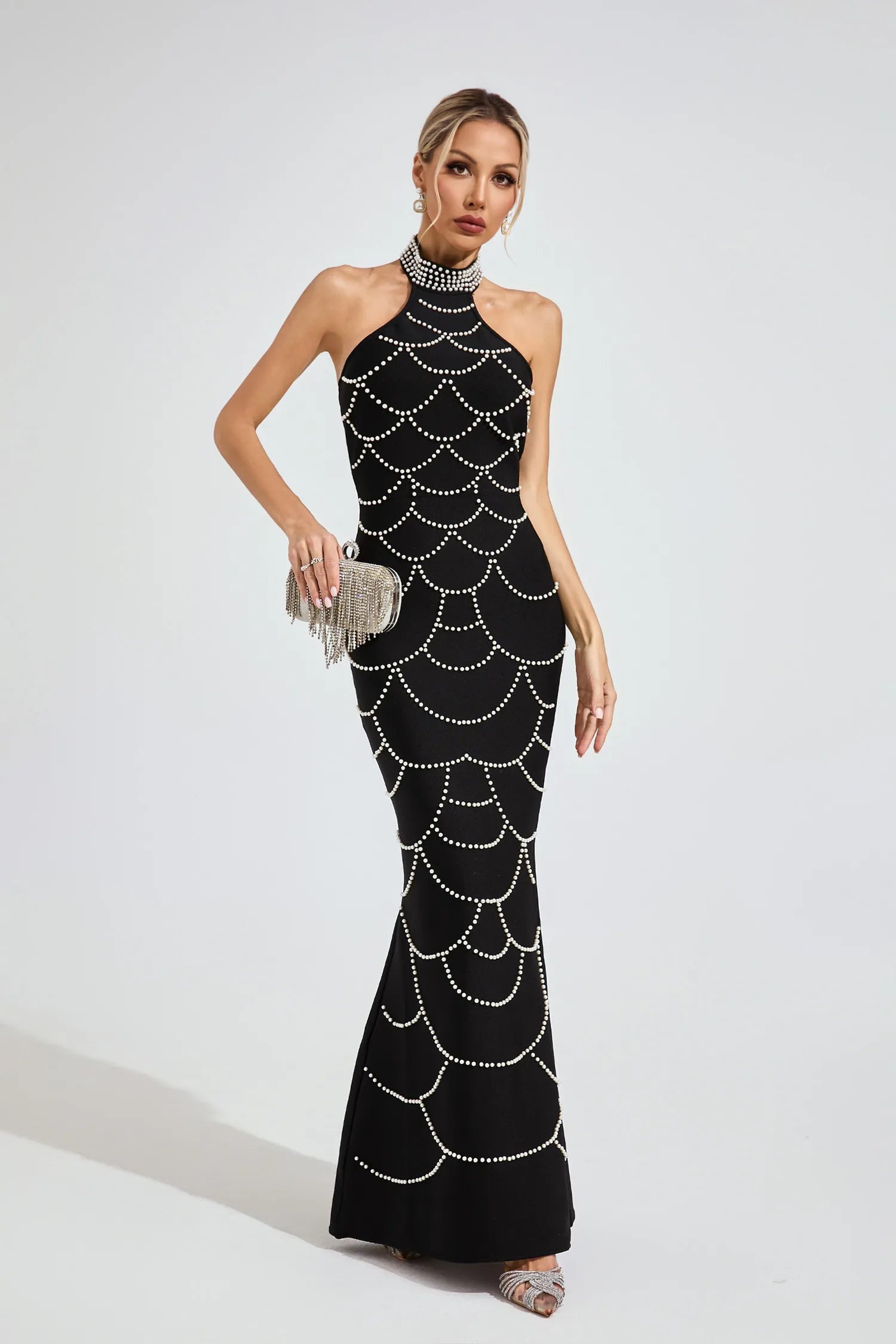 Imogen Siyah İnci Halter Bandaj Maxi Elbise