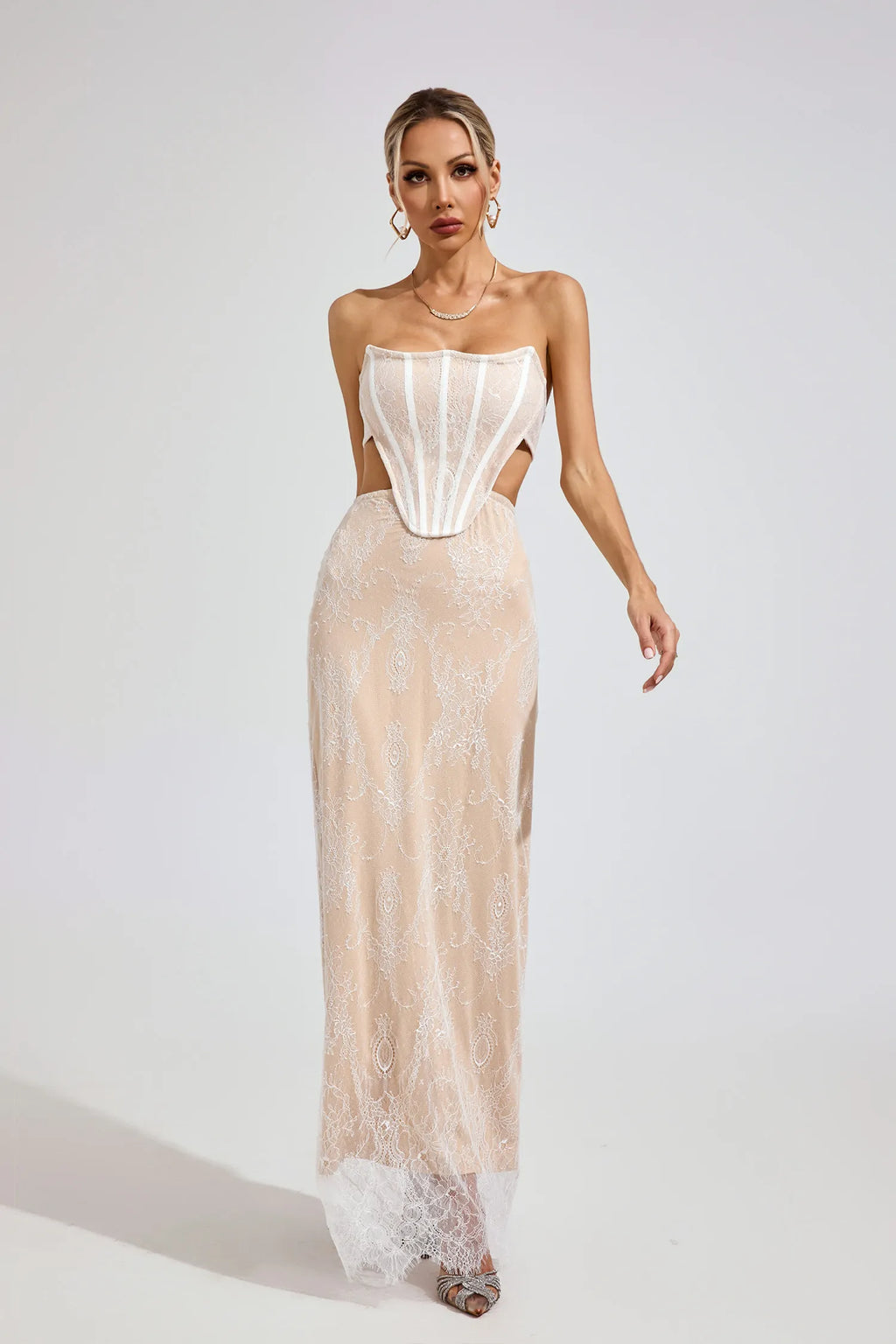 Ayodele Bej Dantel Off-Shoulder Maxi Elbise