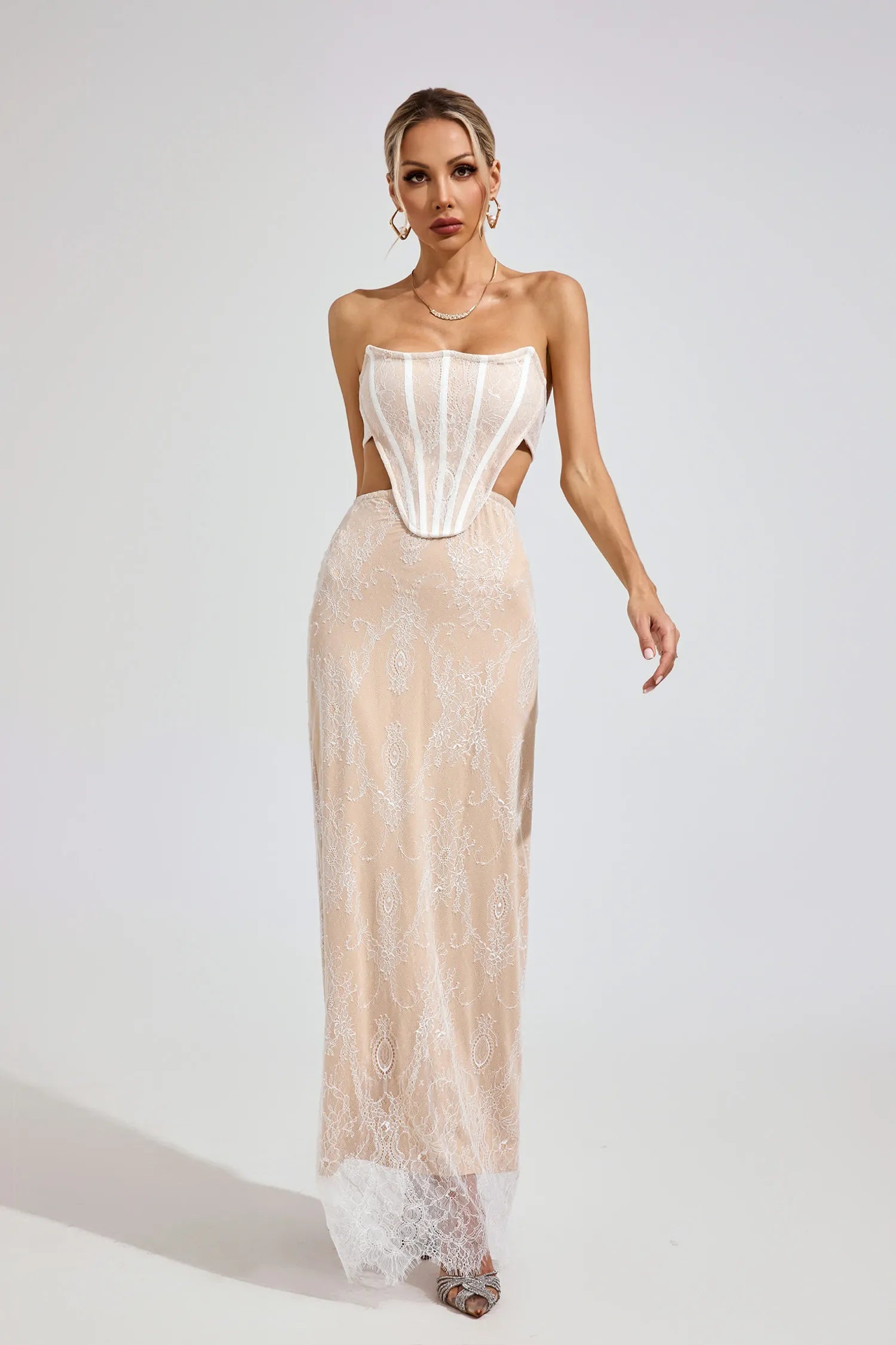 Ayodele Bej Dantel Off-Shoulder Maxi Elbise